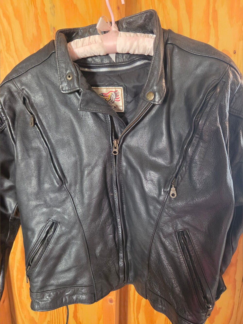 VTG Eagle Leather Wear Black Motorcycle Jacket XL Biker Heavy Cowhide Dual Zip
